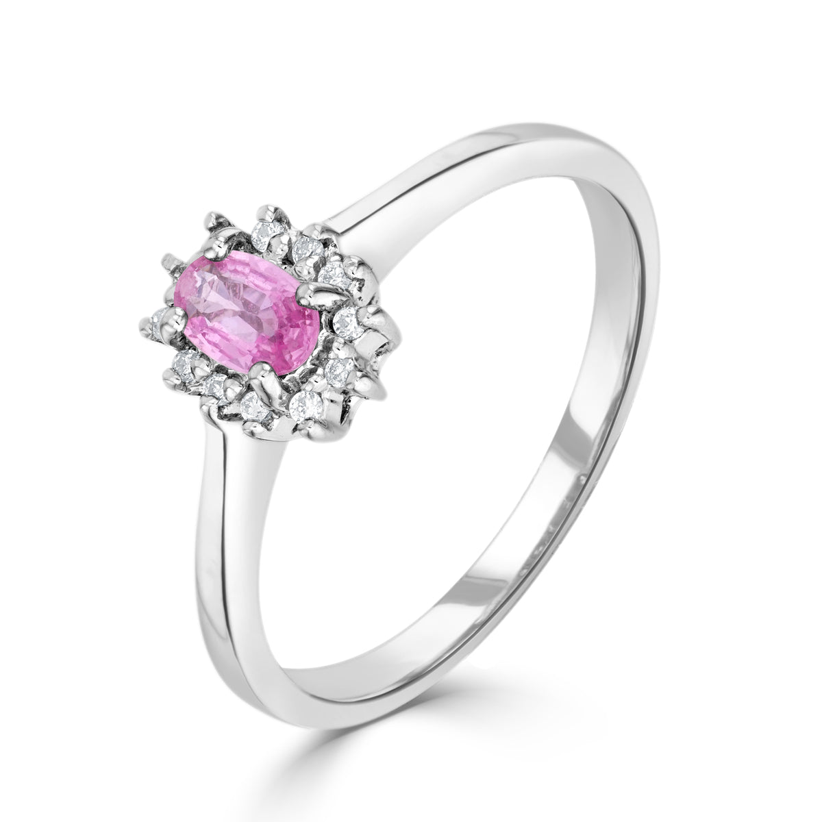 9CT WG 5X3 OVAL PINK SAPPHIRE & DIAMOND CLAW SET CLUSTER RING