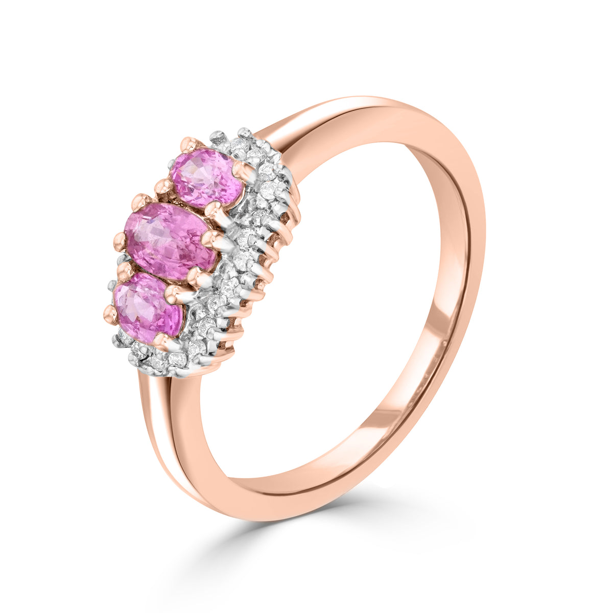 9CT RG OVAL PINK SAPPHIRE AND DIAMOND TRIPLE CLUSTER RING. RHODIUM TO DIAMONDS