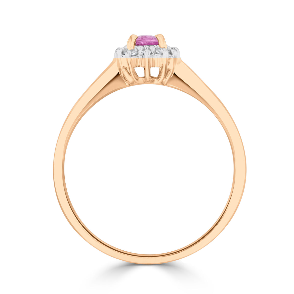 9CT RG 5X3 OVAL PINK SAPPHIRE & DIAMOND CLAW SET CLUSTER RING. RHODIUM TO DIAMONDS