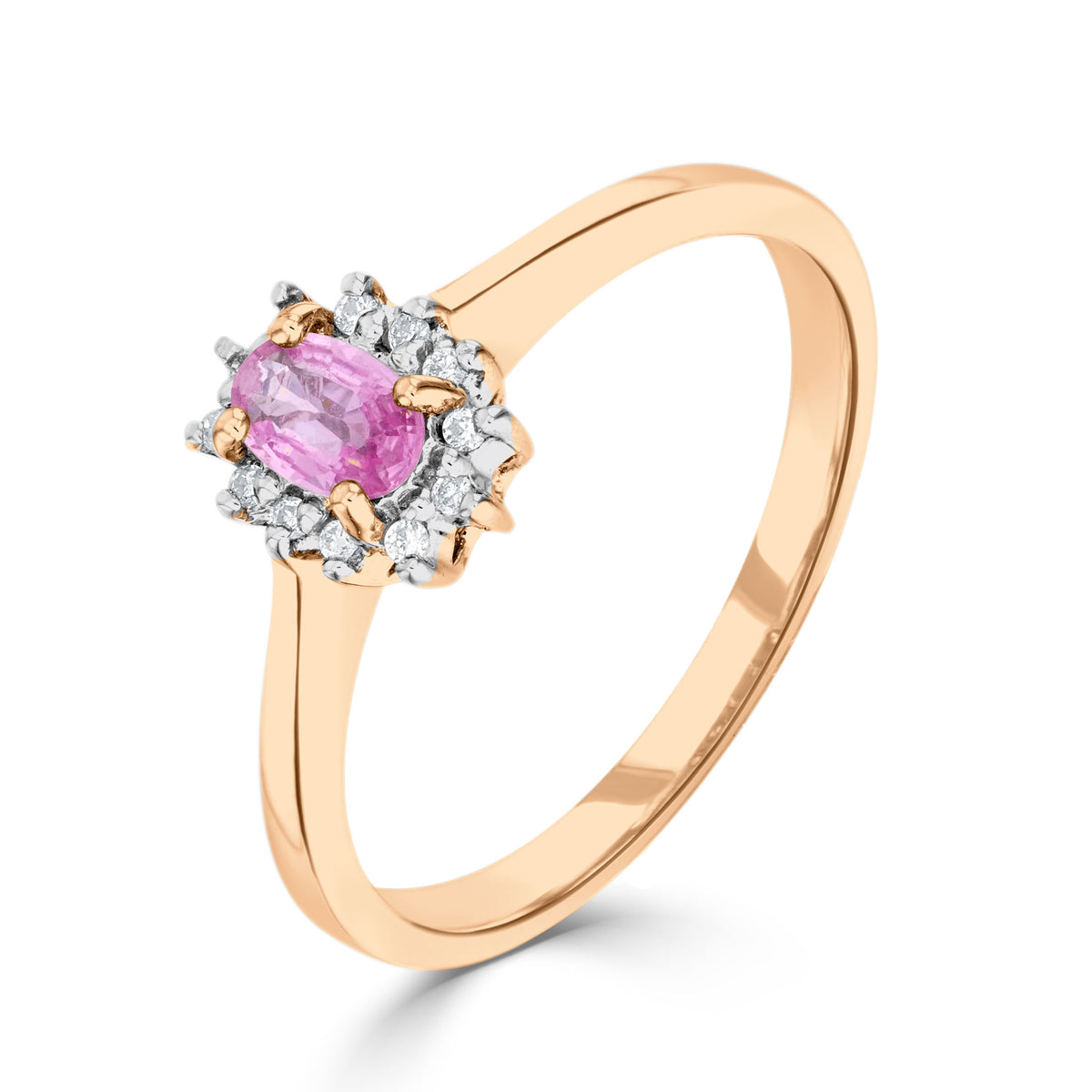 9CT RG 5X3 OVAL PINK SAPPHIRE & DIAMOND CLAW SET CLUSTER RING. RHODIUM TO DIAMONDS
