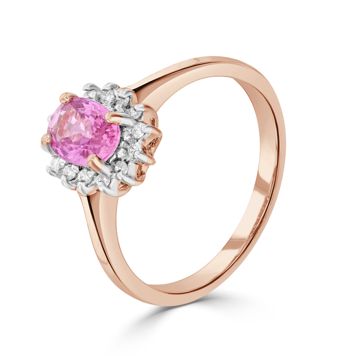 9RG.OVAL PINK SAPHIRE AND DIAMOND CLAW SET CLUSTER RING  * STONE SHORTAGE SO CAN'T ORDER *