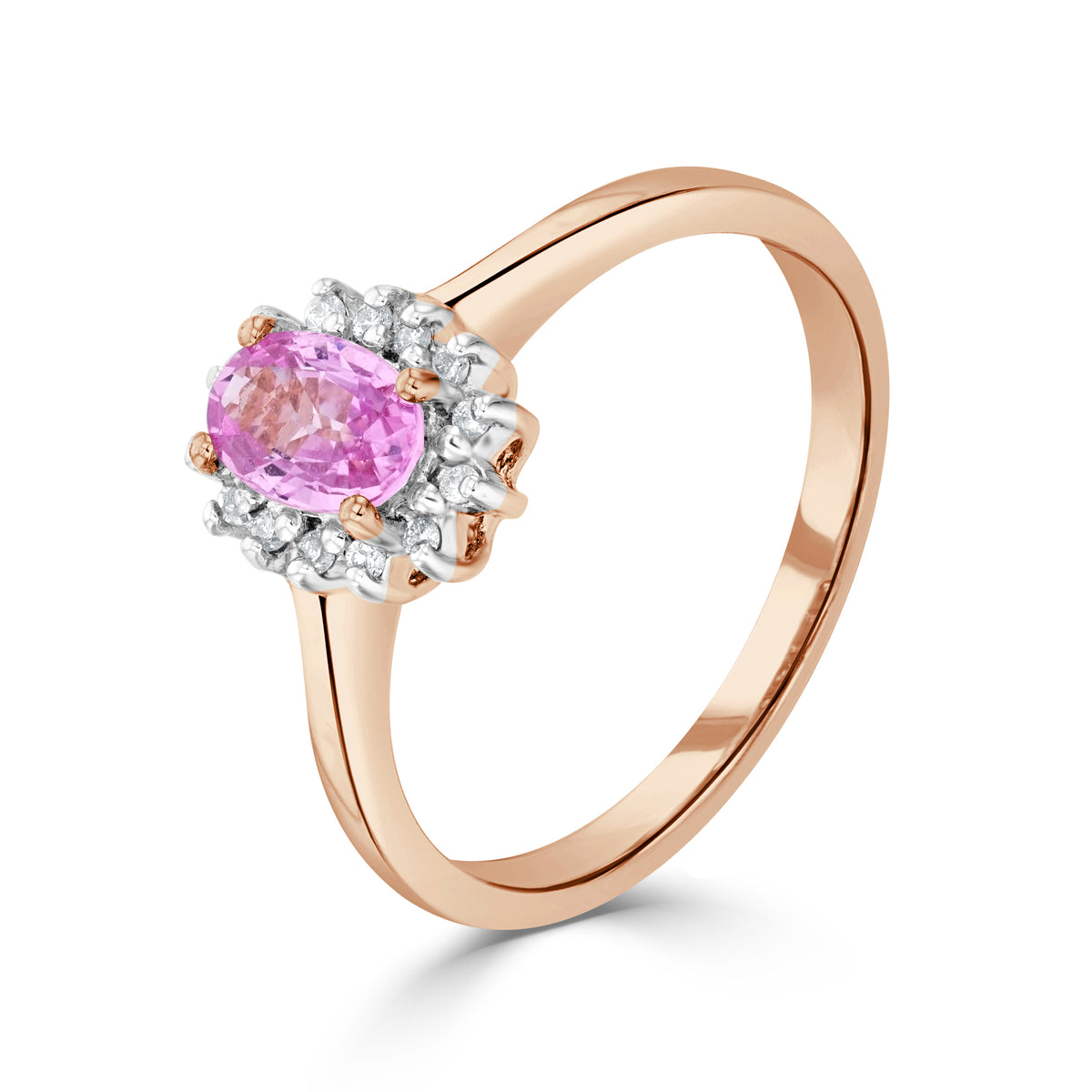 9CT RG 6X4 OVAL PINK SAPPHIRE & DIAMOND CLAW SET CLUSTER RING. RHODIUM TO DIAMONDS. * STONES NOT CURRENTLY AVAILABLE SO CANNOT ORDER *