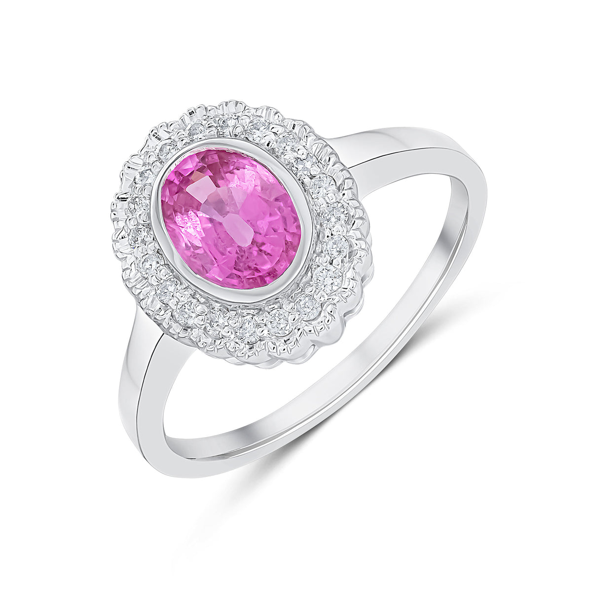 9CT WG RUBOVER OVAL PINK SAPPHIRE AND MILLEGRAIN ROUND DIAMOND CLUSTER RING * STONE SHORTAGE SO CAN'T ORDER *