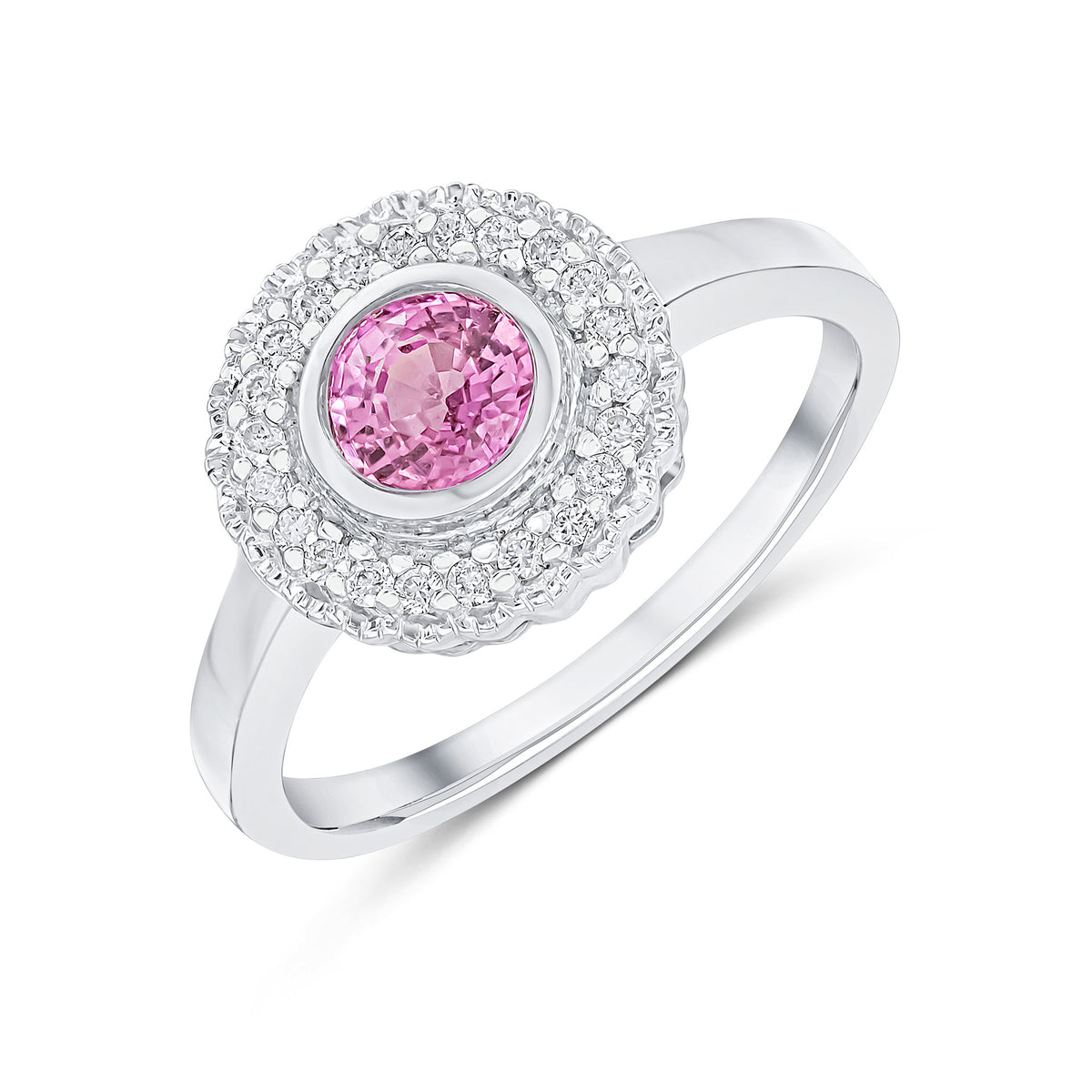 9CT WG ROUND RUBOVER PINK SAPPHIRE AND MILLEGRAIN ROUND DIAMOND CLUSTER RING * STONE SHORTAGE SO CAN'T ORDER *
