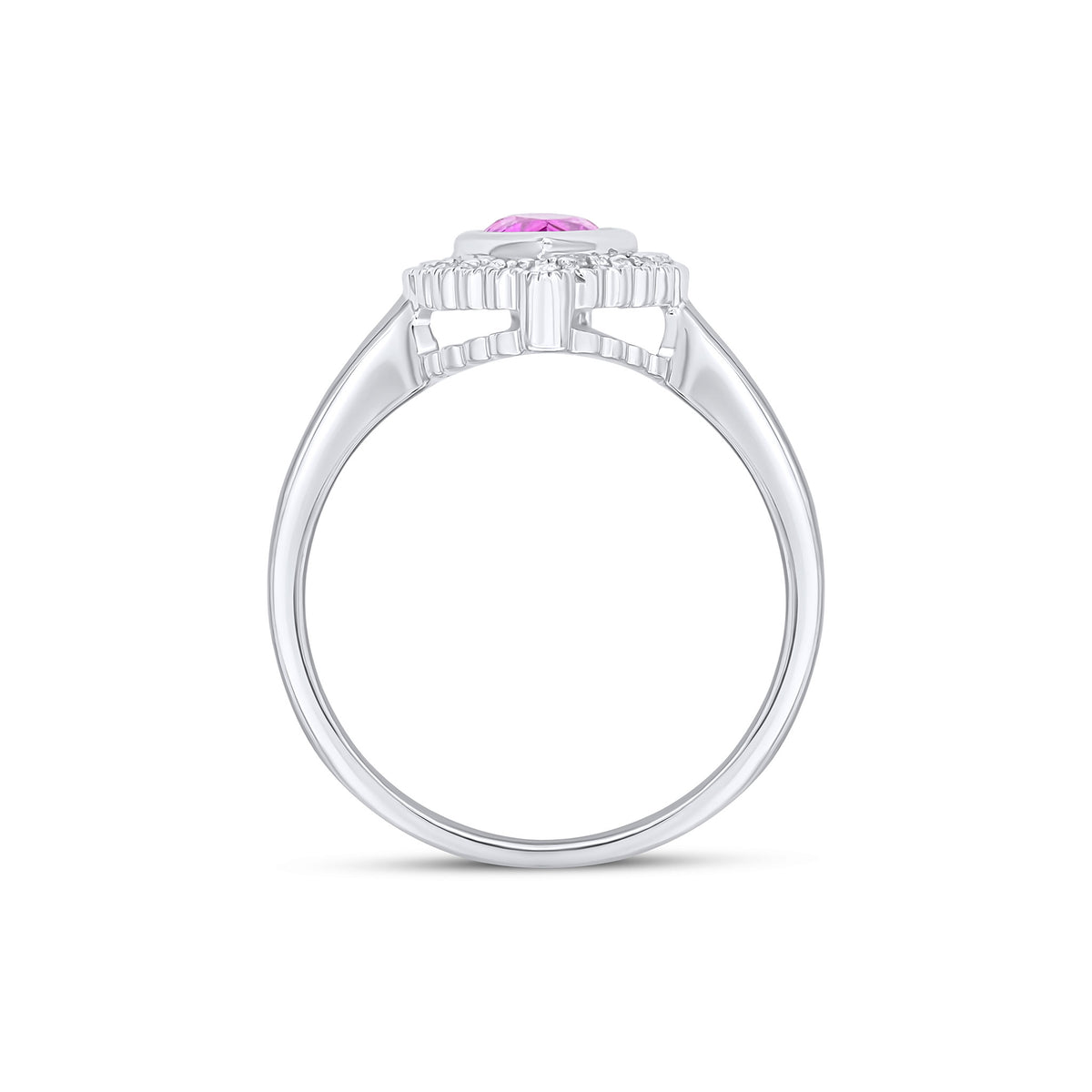 9CT WHITE GOLD PEARSHAPE RUBOVER PINK SAPPHIRE AND MILLEGRAIN ROUND DIAMOND CLUSTER RING.