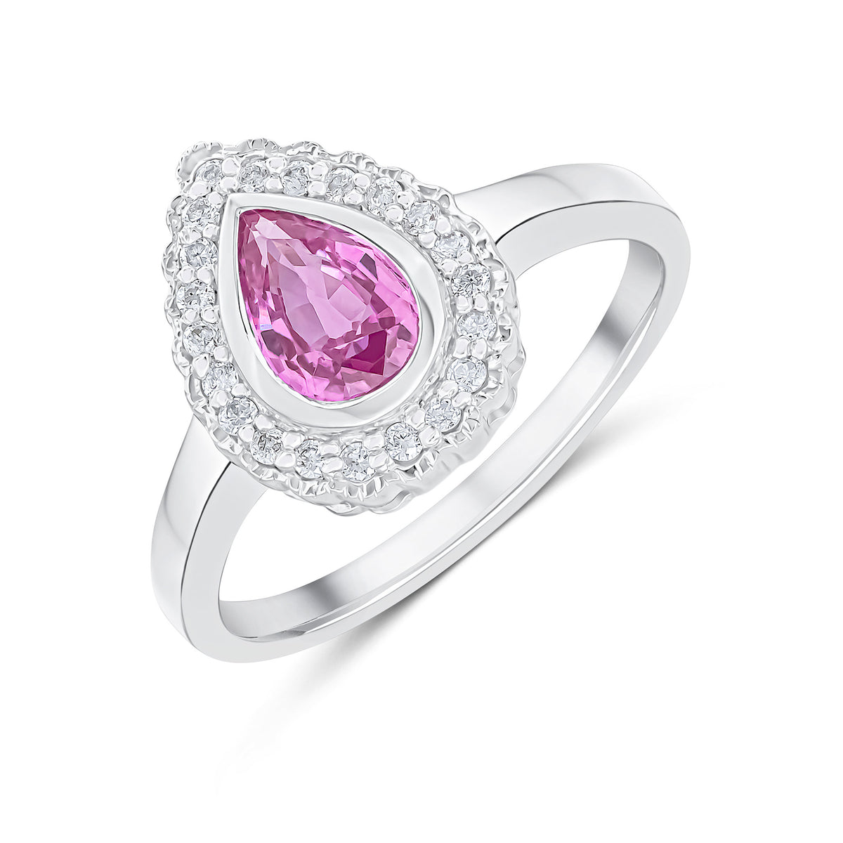 9CT WHITE GOLD PEARSHAPE RUBOVER PINK SAPPHIRE AND MILLEGRAIN ROUND DIAMOND CLUSTER RING.