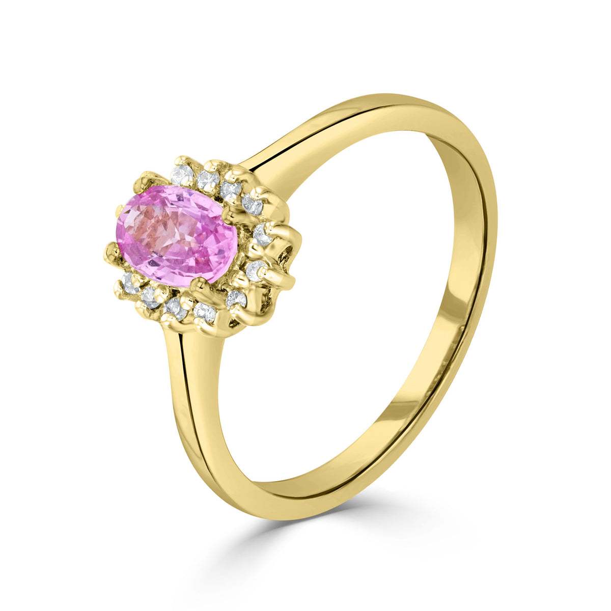 9CT YG 6X4 OVAL PINK SAPPHIRE & DIAMOND CLAW SET CLUSTER RING. RHODIUM TO DIAMONDS* STONES NOT CURRENTLY AVAILABLE SO CANNOT ORDER *