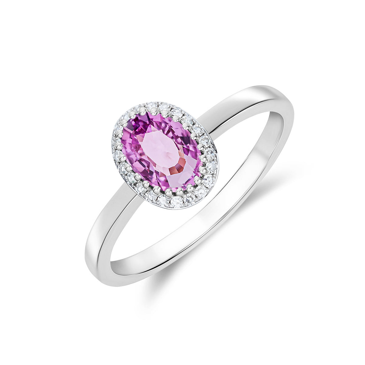 9CT WHITE GOLD OVAL PINK SAPPHIRE AND ROUND DIAMOND CLAW SET CLUSTER RING