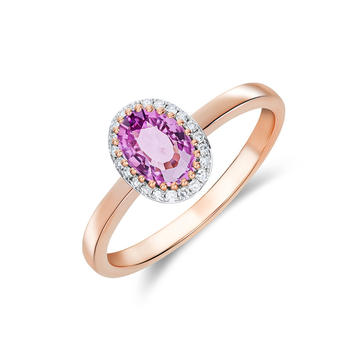 9CT ROSE GOLD OVAL PINK SAPPHIRE AND ROUND DIAMOND CLAW SET CLUSTER RING