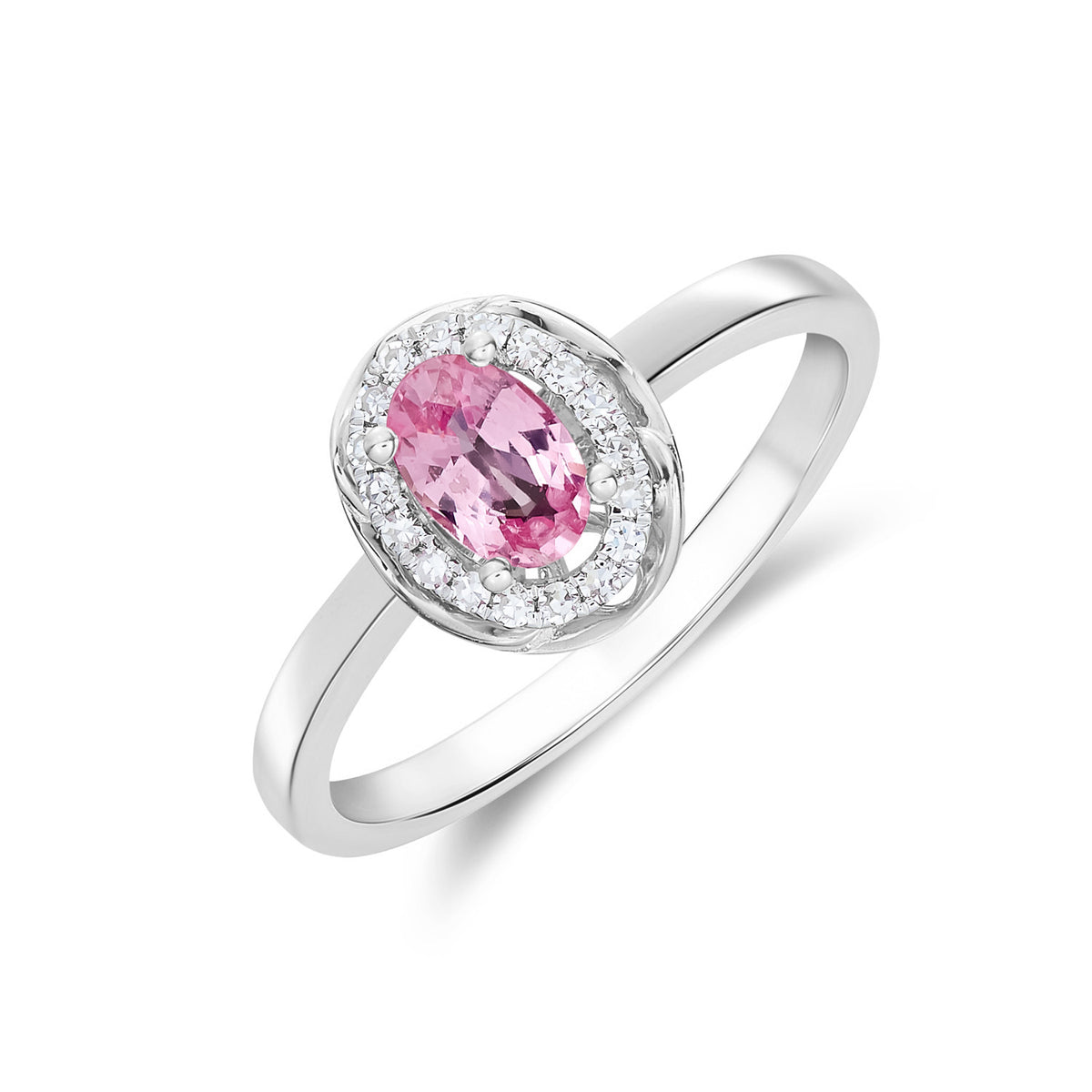 9CT WG 6X4 OVAL PINK SAPPHIRE & DIAMOND CLUSTER RING WITH ROPE EDGE