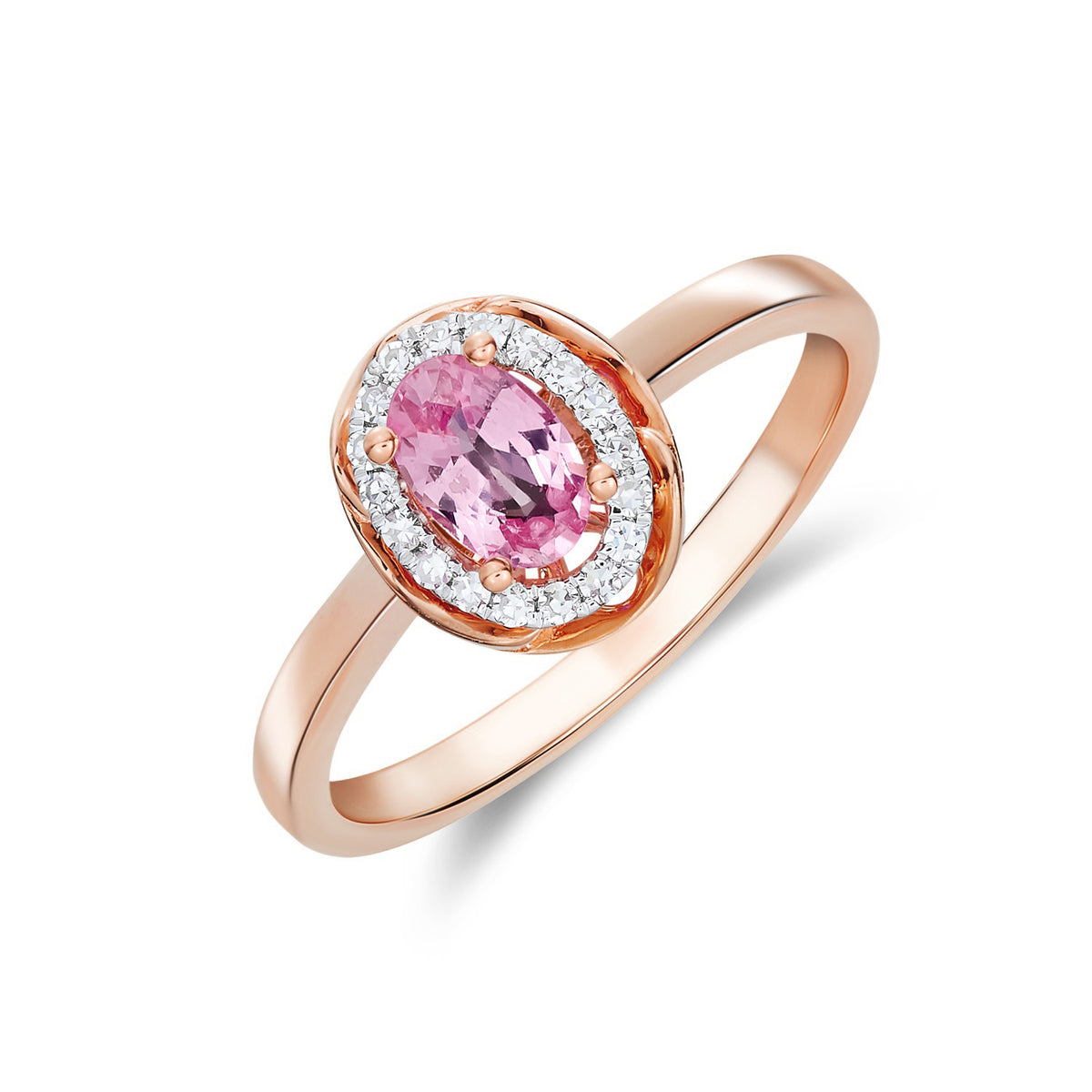 9CT RG 6X4 OVAL PINK SAPPHIRE & DIAMOND CLUSTER RING WITH ROPE EDGE