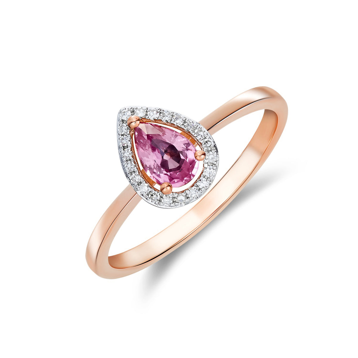 9CT RG 6X4 PEARSHAPE PINK SAPPHIRE & DIAMOND HALO CLAW CLUSTER RING