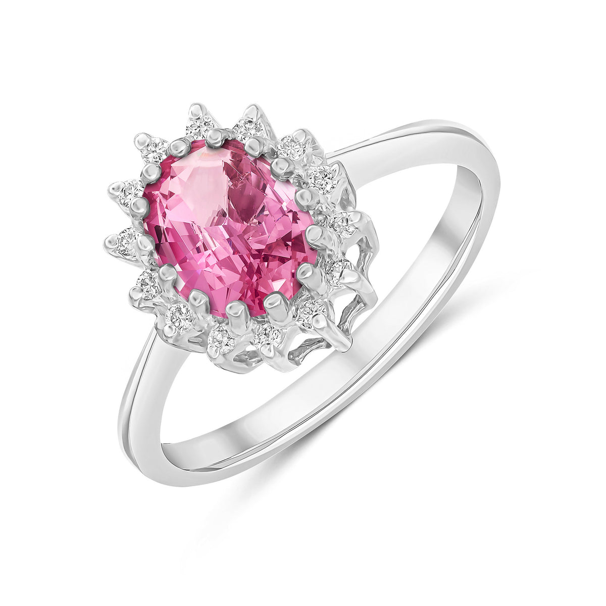 9CT WG 8X6 OVAL PINK SAPPHIRE & DIAMOND CLAW SET CLUSTER RING
