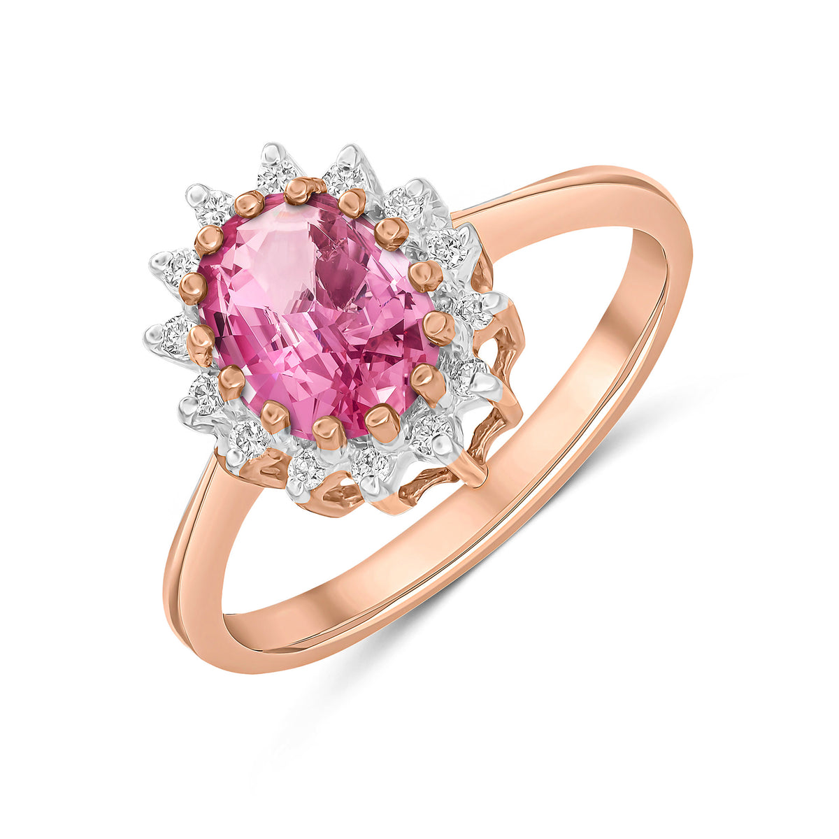 9CT RG 8X6 OVAL PINK SAPPHIRE & DIAMOND CLAW SET CLUSTER RING