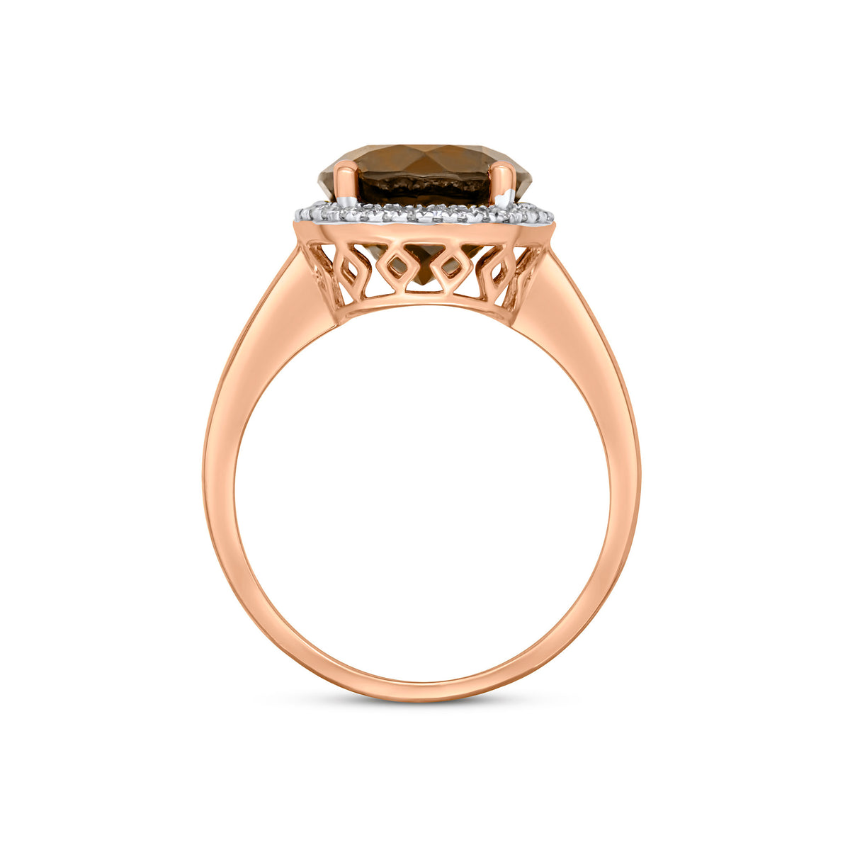 9CT ROSE GOLD ROUND SMOKY QUARTZ AND DIAMOND ROUND CLAW CLUSTER RING
