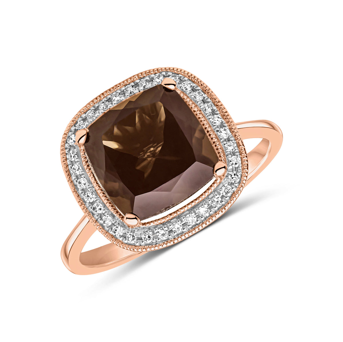 9RG 9MM CUSHION SMOKY QUARTZ & DIAMOND CLUSTER RING