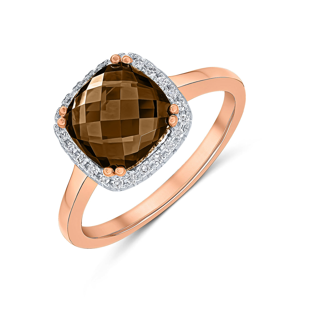 9CT RG 8MM CHECKERBOARD CUT CUSHION SMOKY QUARTZ AND ROUND DIAMOND CLAW SET CLUSTER RING