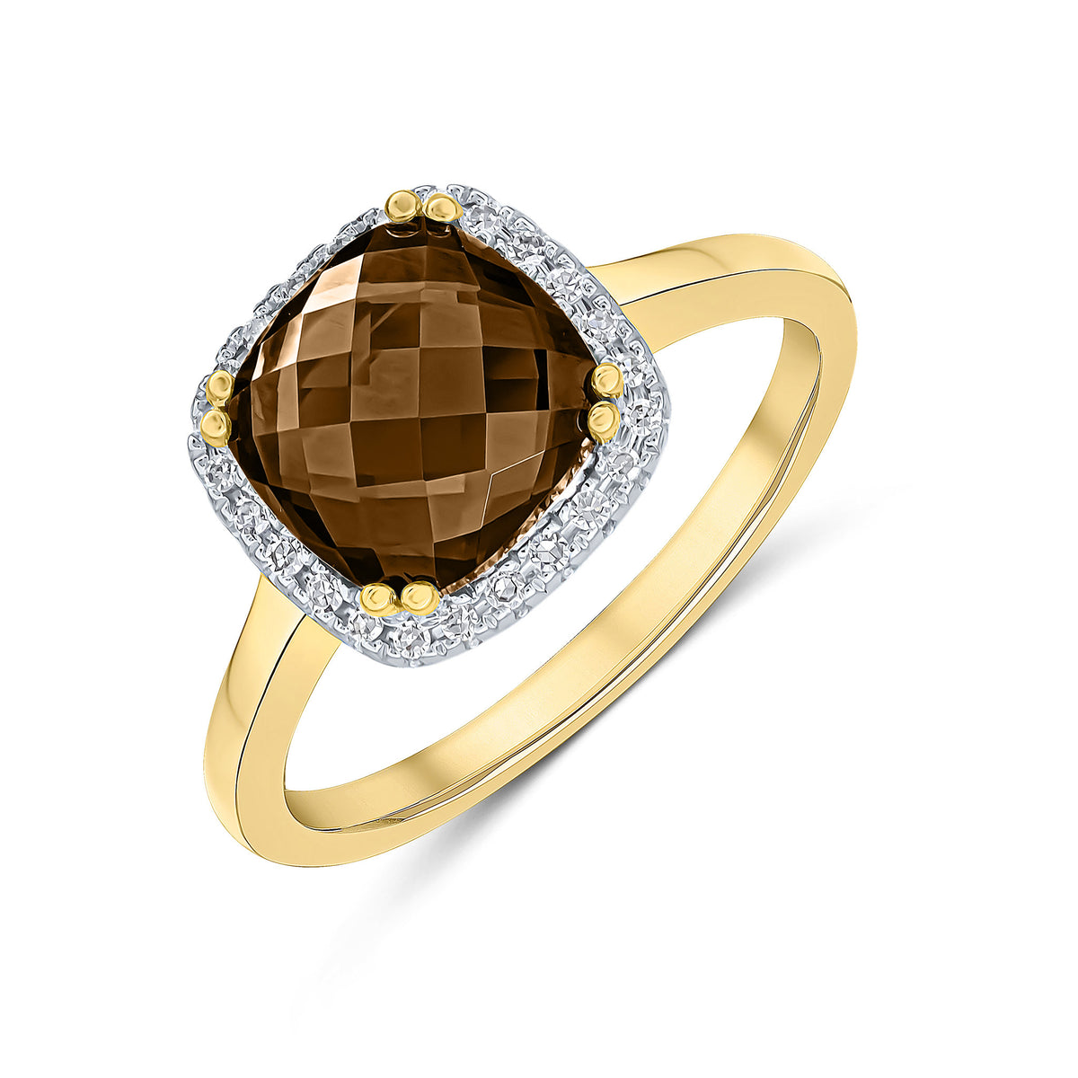 9CT YG 8MM CHECKERBOARD CUT CUSHION SMOKY QUARTZ AND ROUND DIAMOND CLAW SET CLUSTER RING