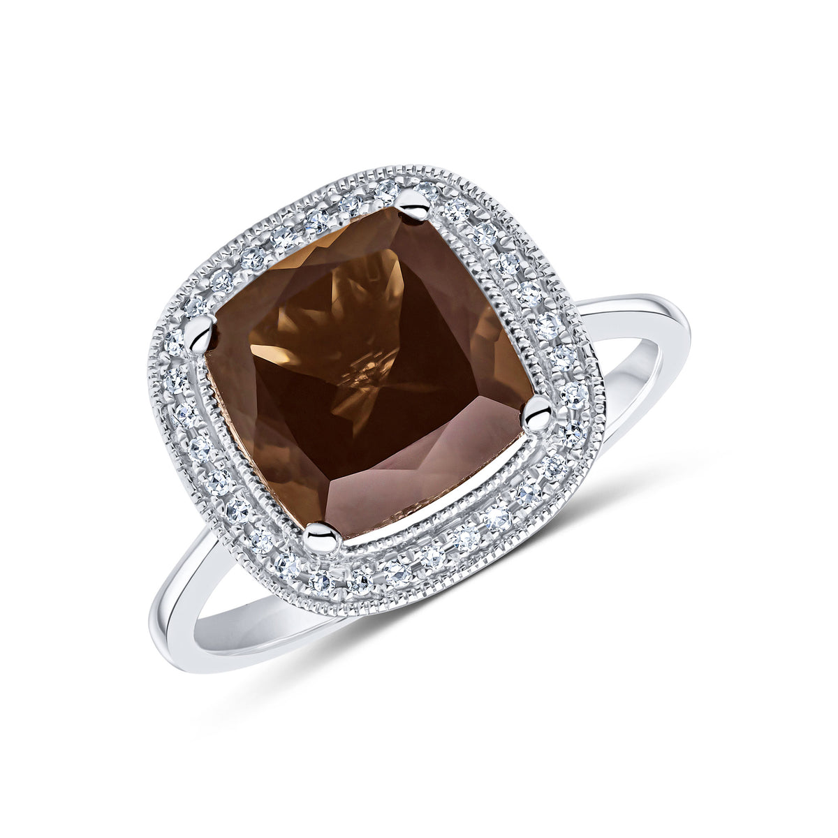 9WG 9MM CUSHION SMOKY QUARTZ & DIAMOND CLUSTER RING