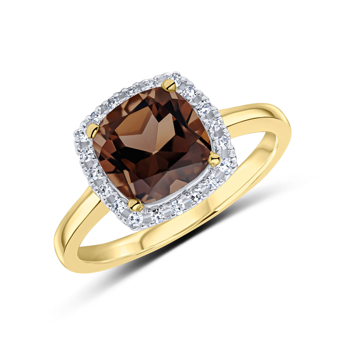9CT YG 8MM CUSHION SMOKY QUARTZ AND DIAMOND CLAW CLUSTER RING. RHODIUM TO DIAMONDS