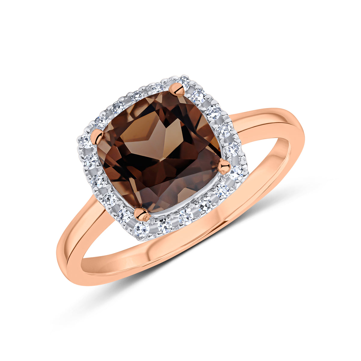 9CT ROSE GOLD CUSHION SMOKY QUARTZ AND DIAMOND CLAW CLUSTER RING