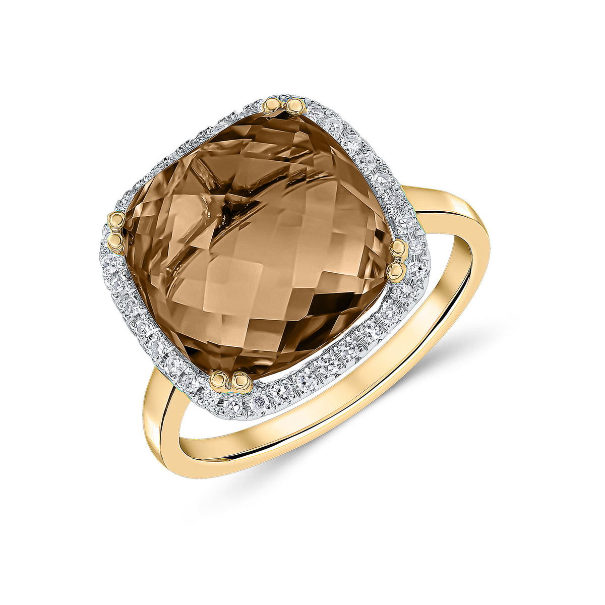 9CT YG 12MM CHECKERBOARD CUT CUSHION SMOKY QUARTZ & ROUND DIAMOND CLAW SET CLUSTER RING
