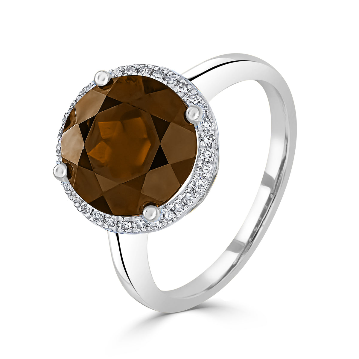 9CT WHITE GOLD ROUND SMOKY QUARTZ AND DIAMOND ROUND CLAW CLUSTER RING