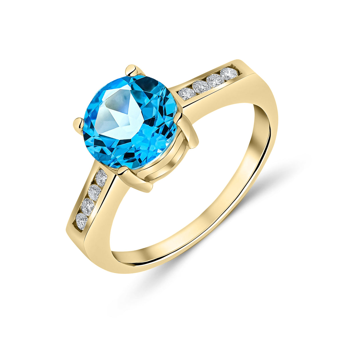 9CT YG CLAW SET 8MM ROUND SWISS BLUE TOPAZ SINGLE STONE RING WITH CHANNEL SET DIAMOND SHOULDERS