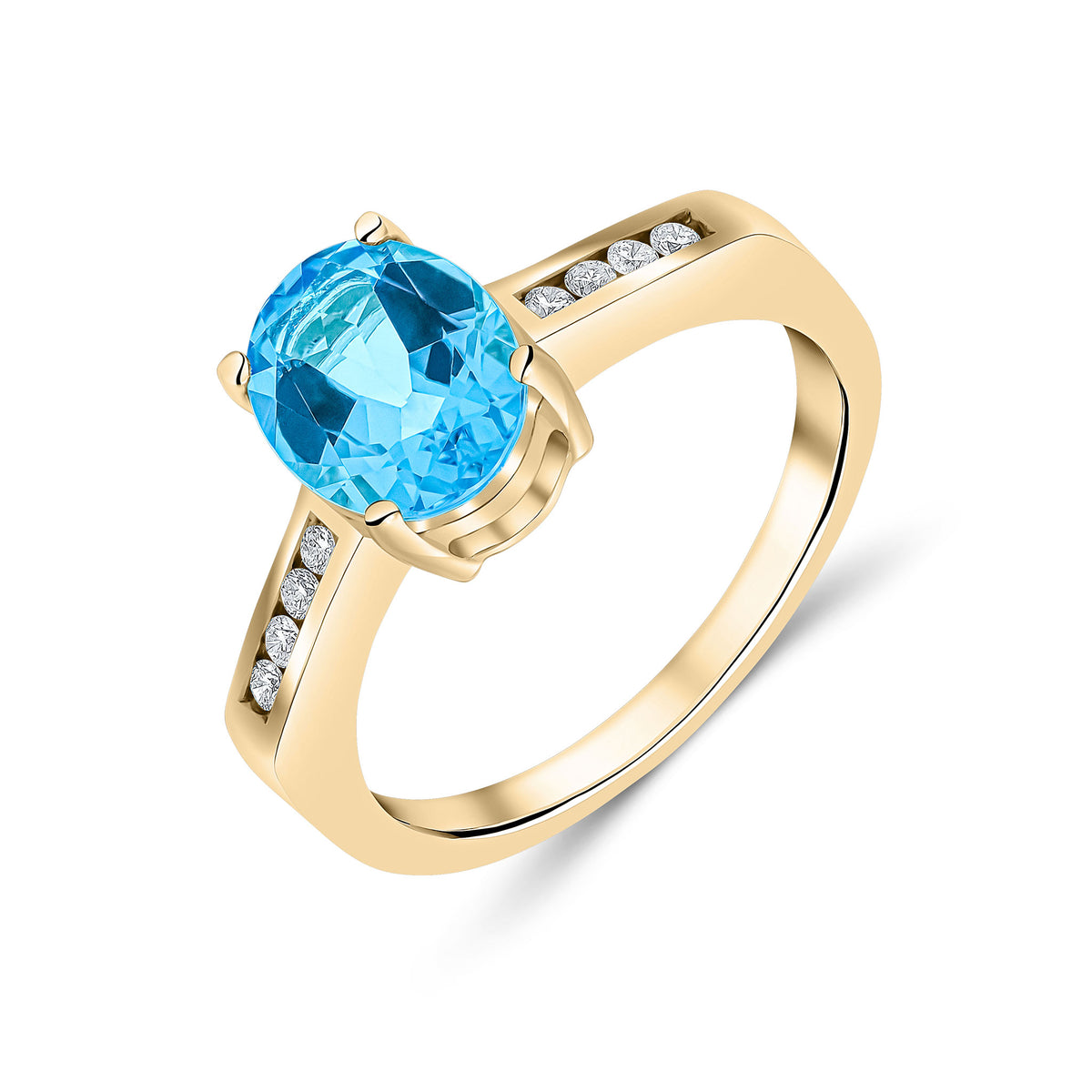 9CT YG 9X7MM CLAW SET OVAL SWISS BLUE TOPAZ SINGLE STONE RING WITH CHANNEL SET DIAMOND SHOULDERS