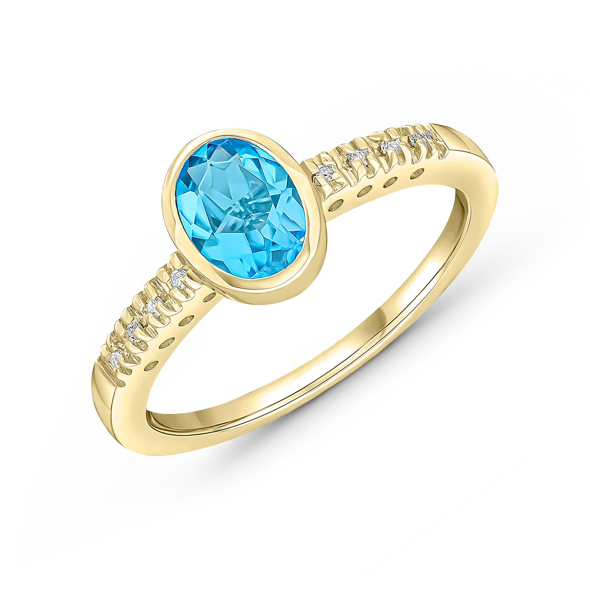 9CT YG RUBOVER 7X5 OVAL SWISS BLUE TOPAZ SINGLE STONE RING WITH CLAW SET DIAMOND SHOULDERS.RHODIUM TO DIAMONDS