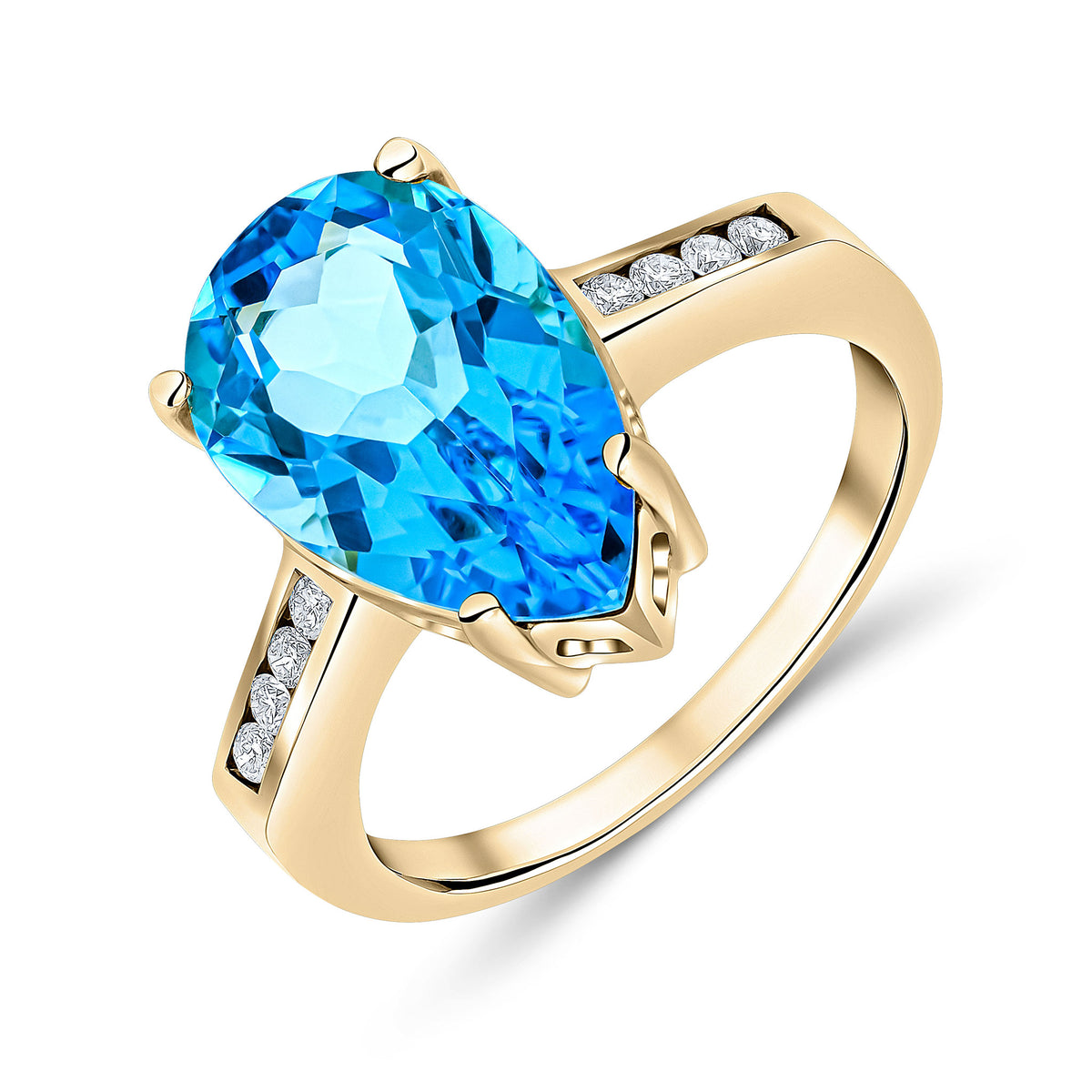 9CT YG 14X9 PEARSHAPE SWISS BLUE TOPAZ SINGLE STONE RING WITH CHANNEL SET DIAMOND SHOULDERS