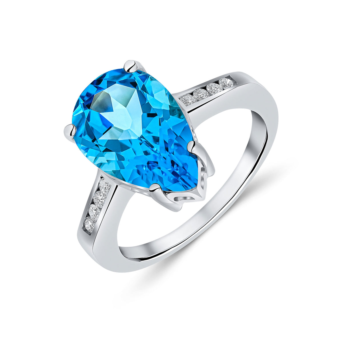 9CT WG 14X9 PEARSHAPE SWISS BLUE TOPAZ SINGLE STONE RING WITH CHANNEL SET DIAMOND SHOULDERS