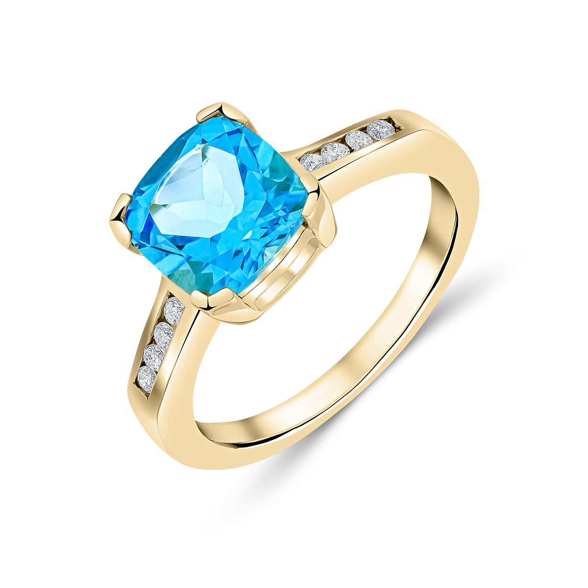 9CT YG CLAW SET CUSHION SWISS BLUE TOPAZ SINGLE STONE RING WITH CHANNEL SET DIAMOND SHOULDERS