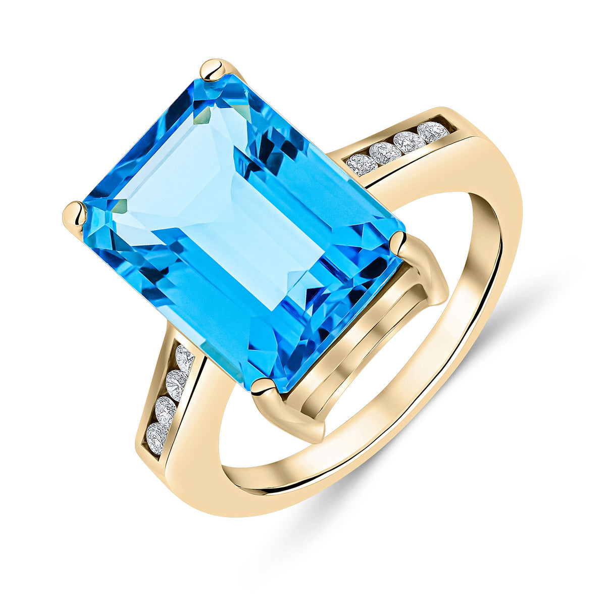 9CT YG CLAW SET 14X10 OCTAGON SWISS BLUE TOPAZ SINGLE STONE RING WITH ROUND DIAMOND CHANNEL SET SHOULDERS