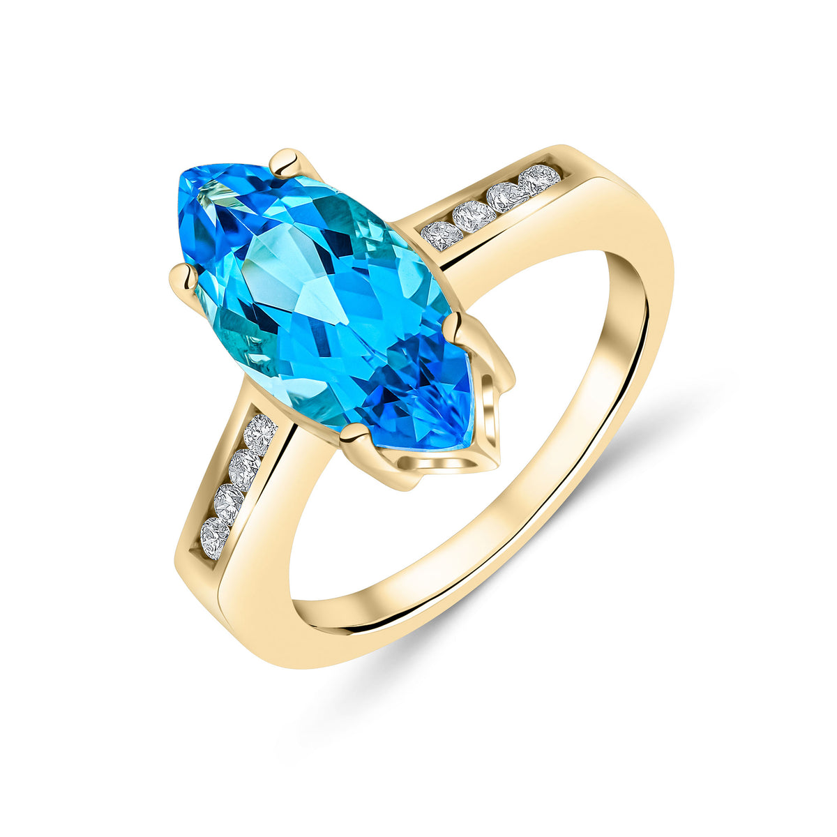 9CT YG 15X7 MARQUISE SWISS BLUE TOPAZ SINGLE STONE RING WITH CHANNEL SET DIAMOND SHOULDERS
