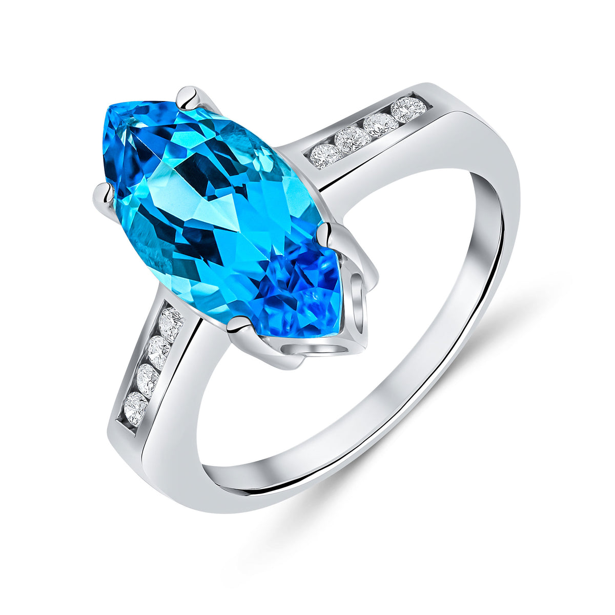 9CT WG 15X7 MARQUISE SWISS BLUE TOPAZ SINGLE STONE RING WITH CHANNEL SET DIAMOND SHOULDERS