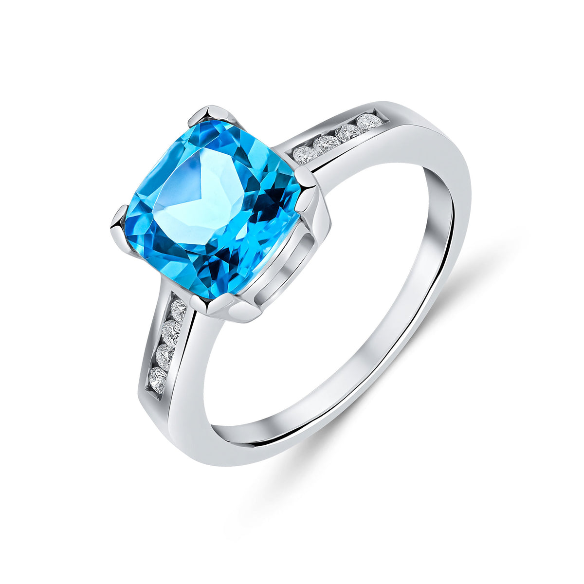 9CT WG CLAW SET CUSHION SWISS BLUE TOPAZ SINGLE STONE RING WITH CHANNEL SET DIAMOND SHOULDERS