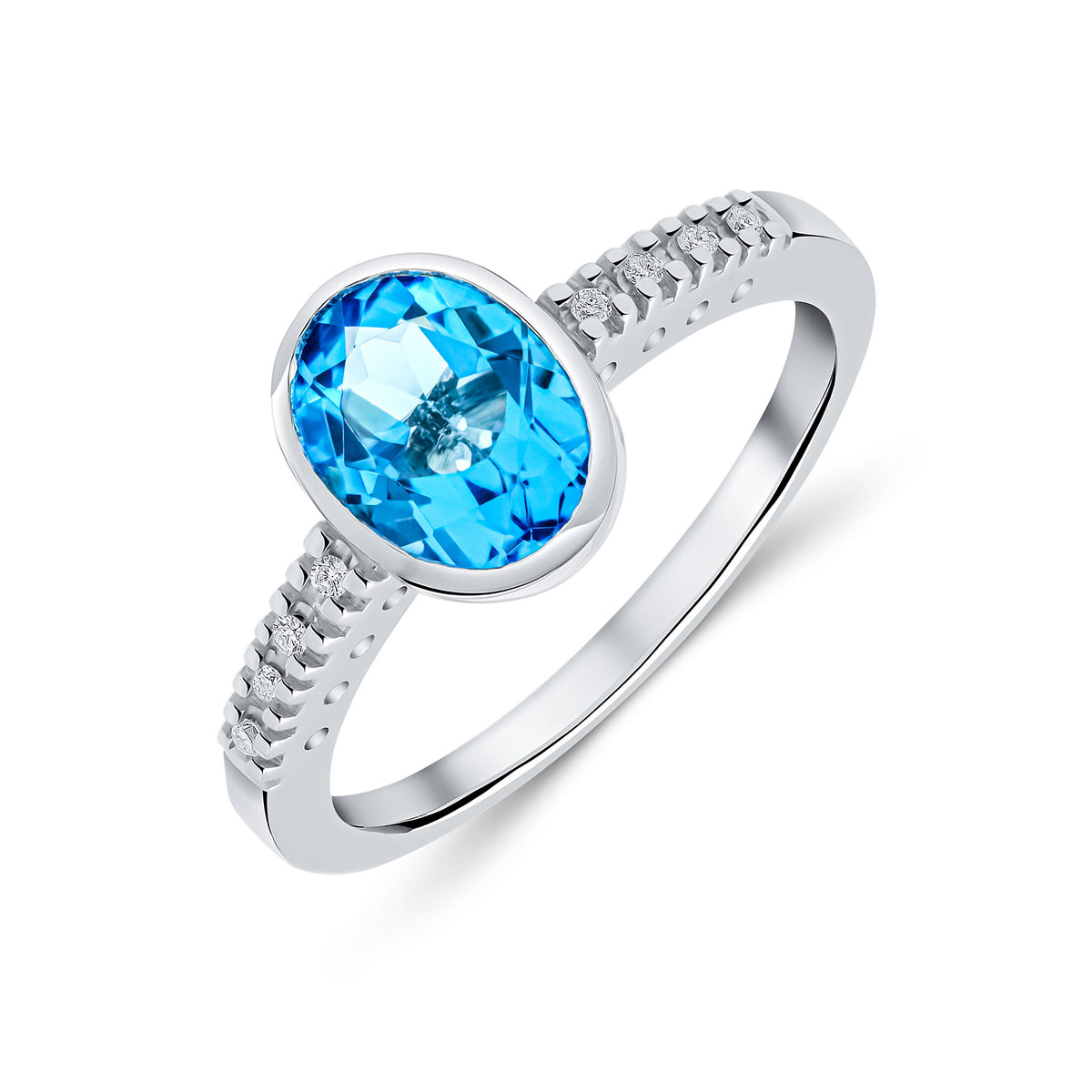 9CT WG RUBOVER 8X6 OVAL SWISS BLUE TOPAZ SINGLE STONE RING WITH CLAW SET DIAMOND SHOULDERS