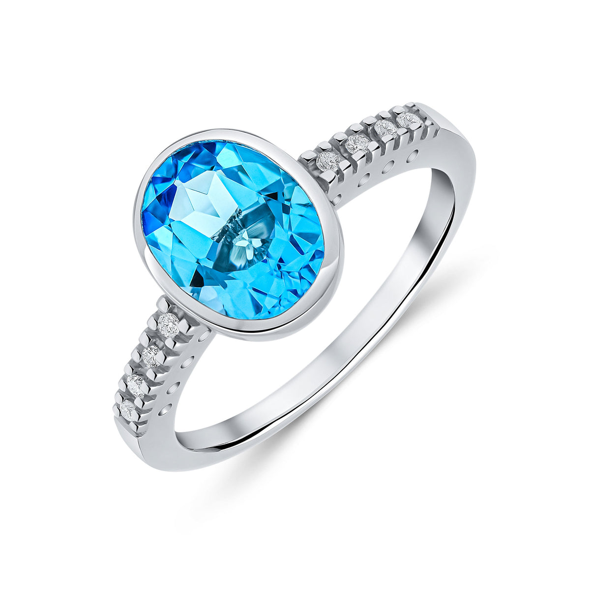 9CT WG RUBOVER 9X7 OVAL SWISS BLUE TOPAZ SINGLE STONE RING WITH CLAW SET DIAMOND SHOULDERS