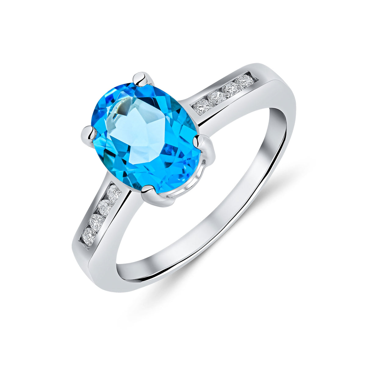 9CT WG 9X7MM CLAW SET OVAL SWISS BLUE TOPAZ SINGLE STONE RING WITH CHANNEL SET DIAMOND SHOULDERS