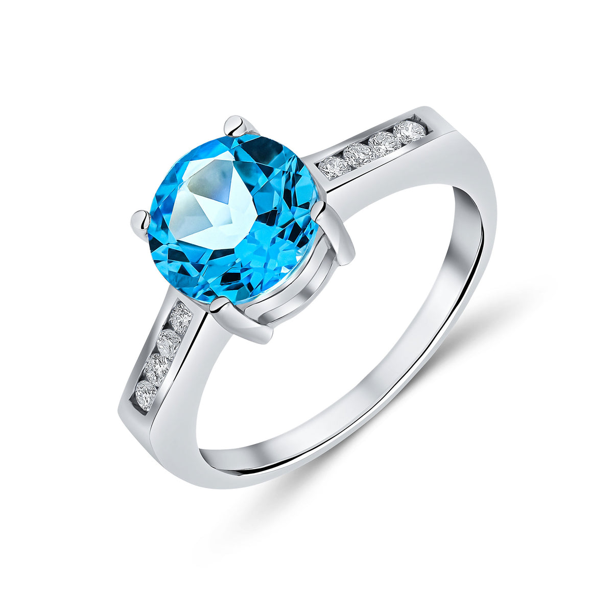 9CT WG CLAW SET 8MM ROUND SWISS BLUE TOPAZ SINGLE STONE RING WITH CHANNEL SET DIAMOND SHOULDERS