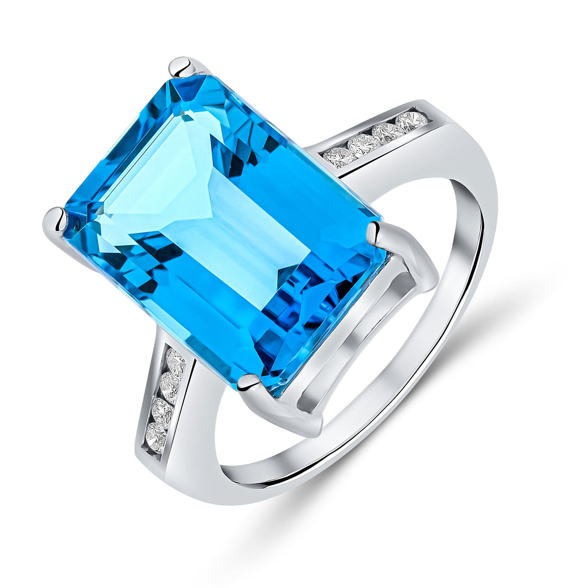 9CT WG CLAW SET 14X10 OCTAGON SWISS BLUE TOPAZ SINGLE STONE RING WITH ROUND DIAMOND CHANNEL SET SHOULDERS