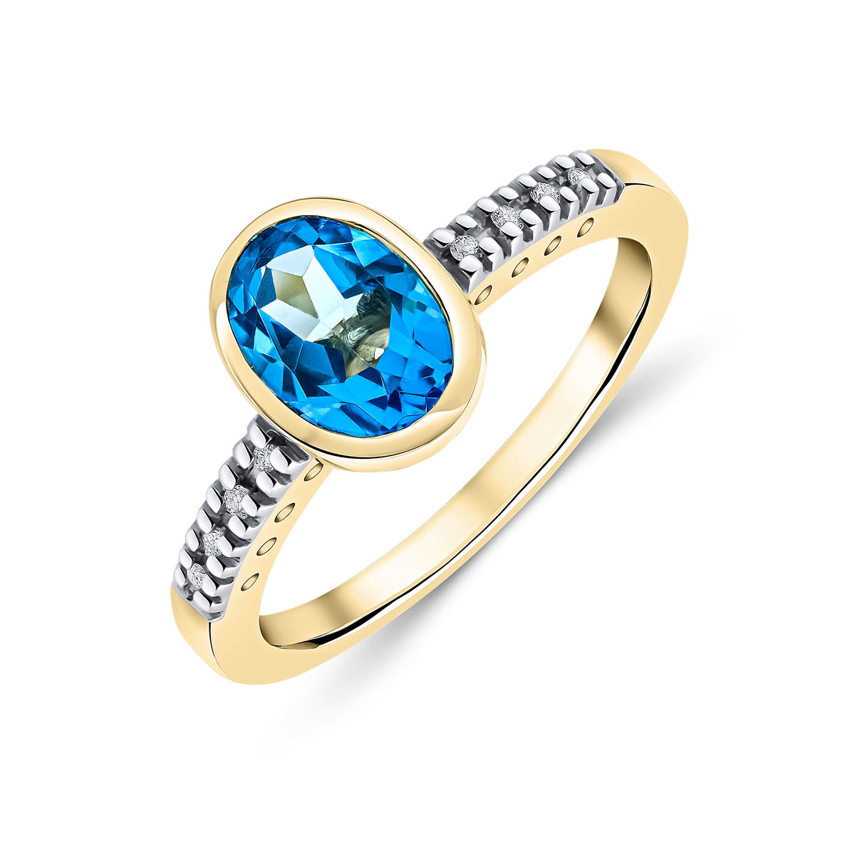 9CT YG RUBOVER 8X6 OVAL SWISS BLUE TOPAZ SINGLE STONE RING WITH CLAW SET DIAMOND SHOULDERS. RHODIUM TO DIAMONDS