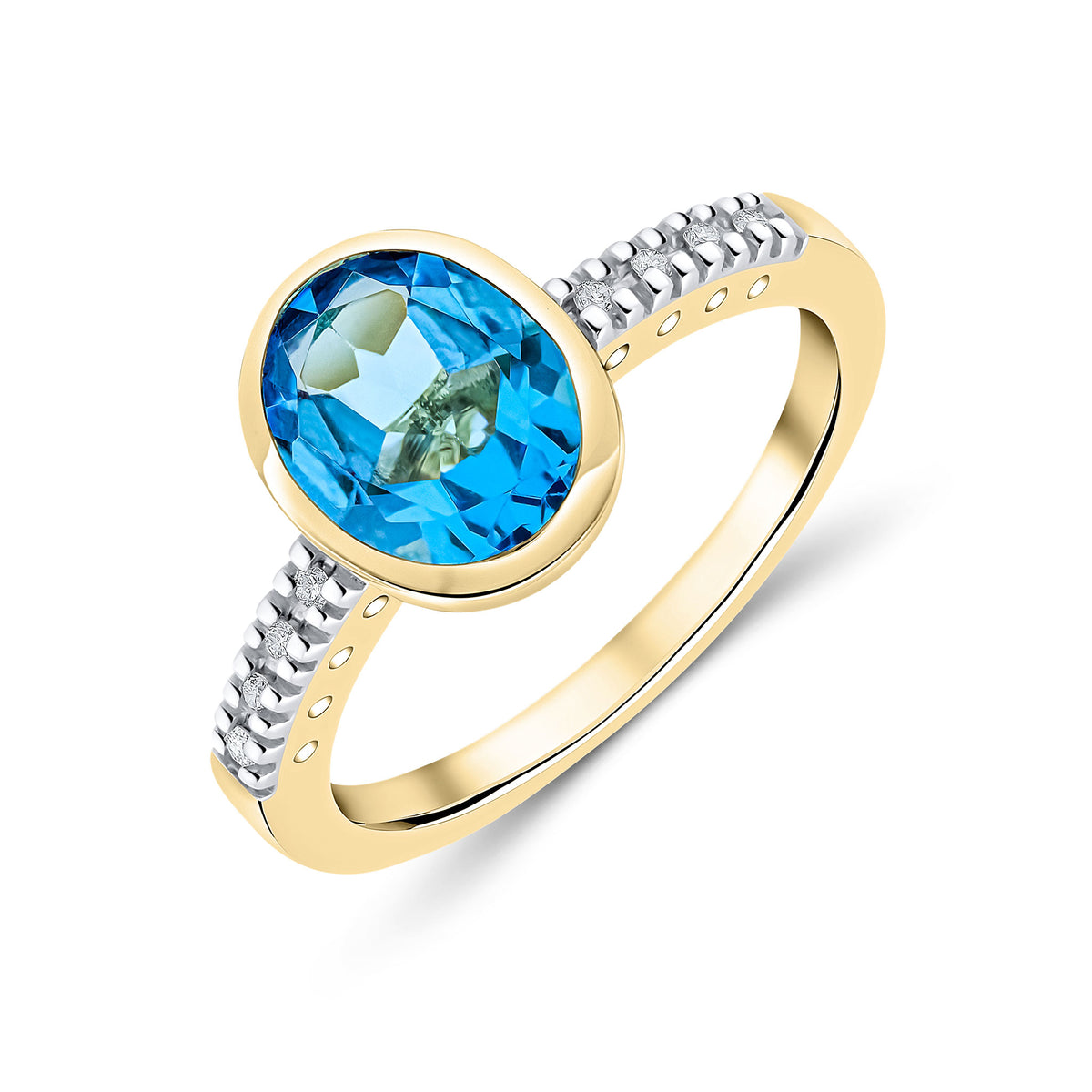 9CT YG RUBOVER 9X7 OVAL SWISS BLUE TOPAZ SINGLE STONE RING WITH CLAW SET DIAMOND SHOULDERS