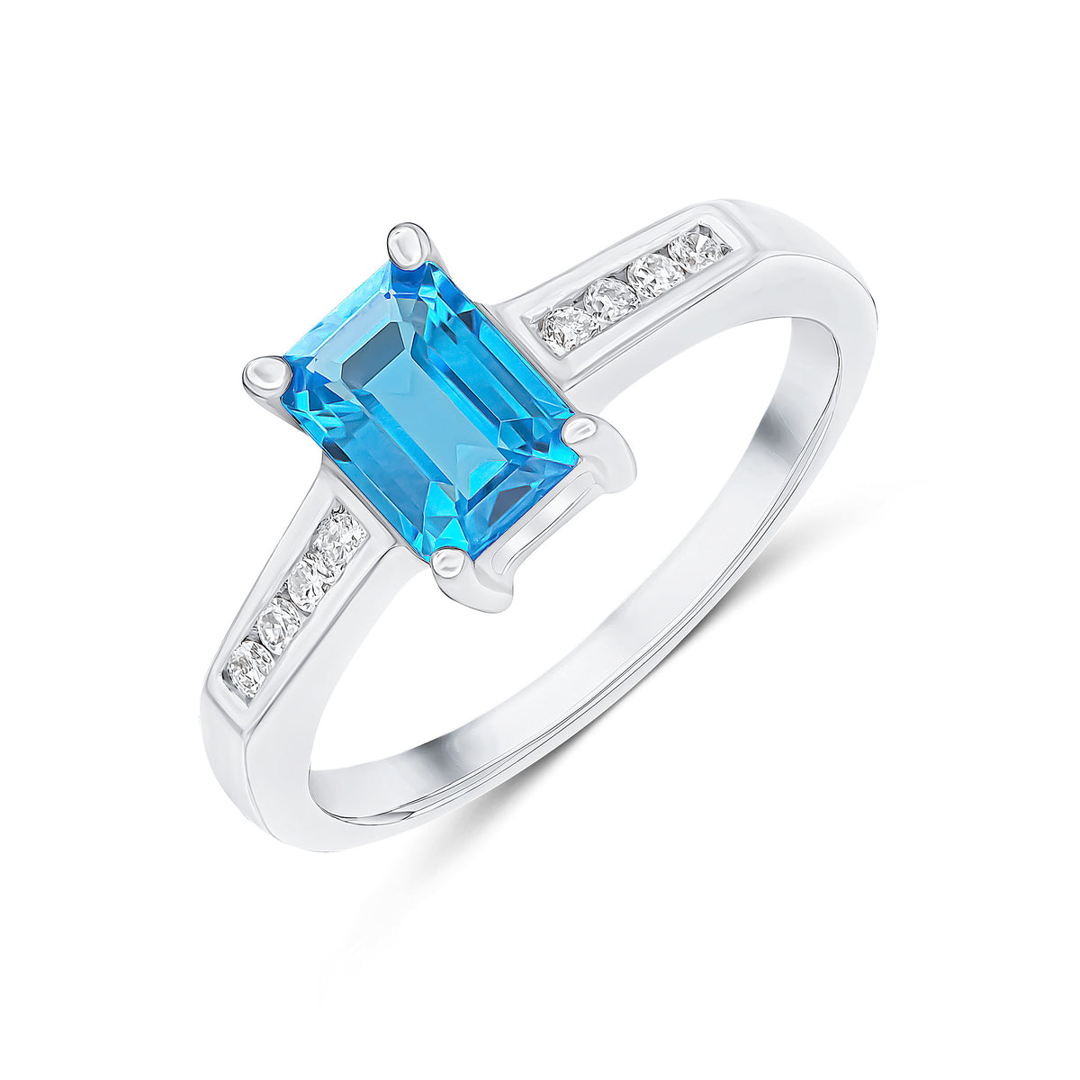 9CT WG 7X5 OCTAGON SWISS BLUE TOPAZ CLAW SET SINGLE STONE RING WITH CHANNEL SET DIAMOND SHOULDERS