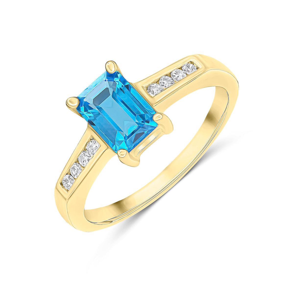 9CT YG 7X5 OCTAGON SWISS BLUE TOPAZ CLAW SET SINGLE STONE RING WITH CHANNEL SET DIAMOND SHOULDERS