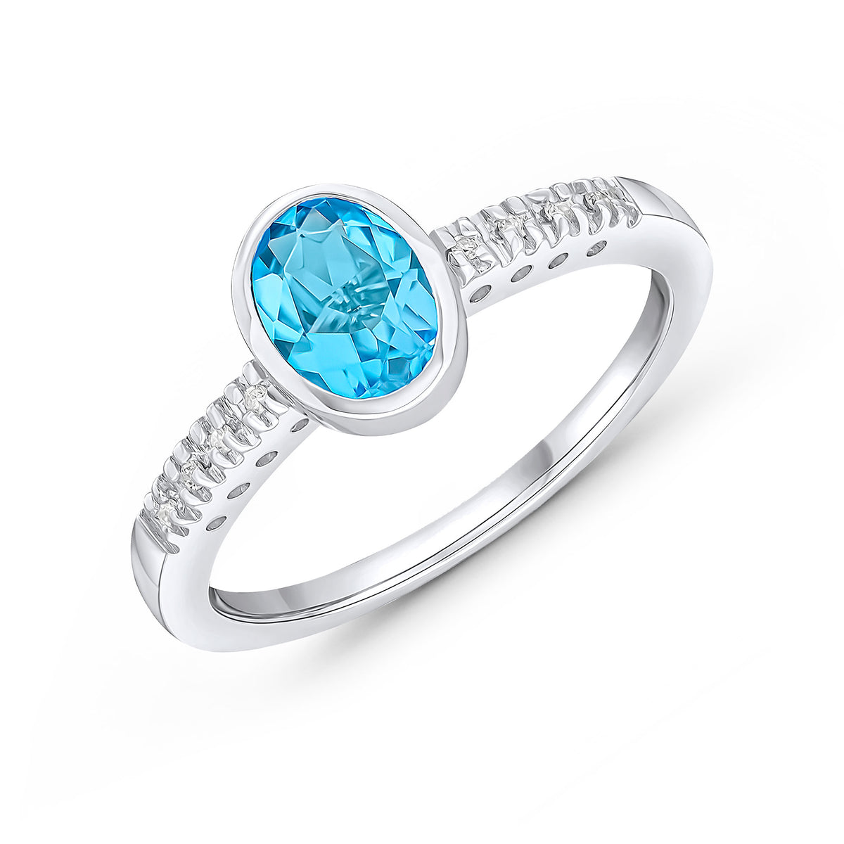 9CT WG RUBOVER 7X5 OVAL SWISS BLUE TOPAZ SINGLE STONE RING WITH CLAW SET DIAMOND SHOULDERS