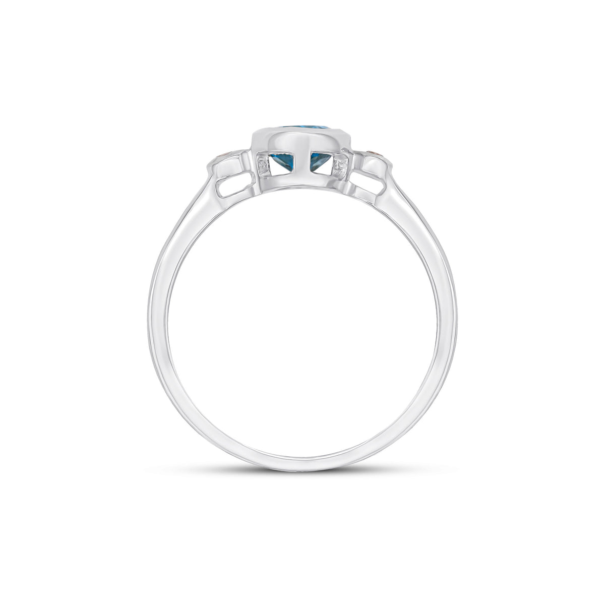 9CT WG 7X5 OVAL SWISS BLUE TOPAZ AND ROUND DIAMOND 3ST RUBOVER RING