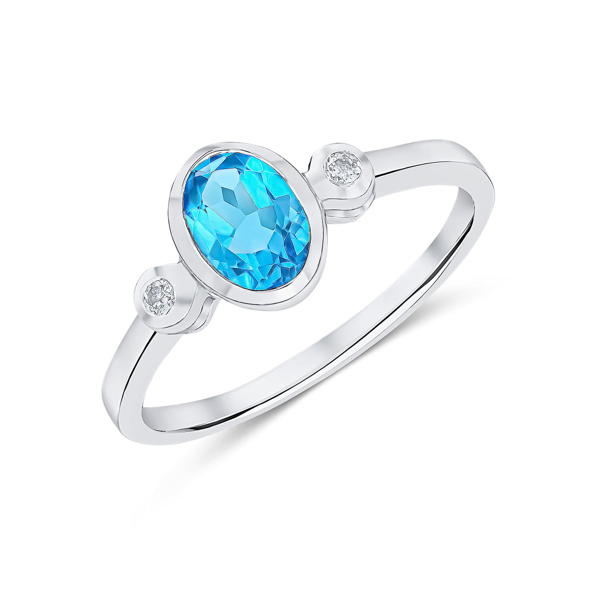 9CT WG 7X5 OVAL SWISS BLUE TOPAZ AND ROUND DIAMOND 3ST RUBOVER RING