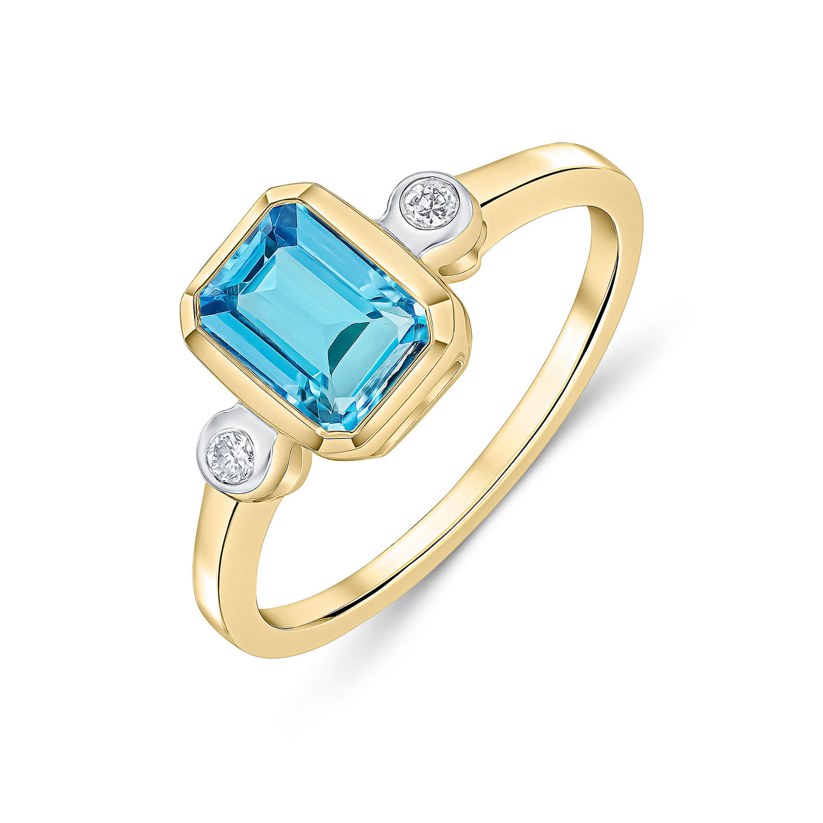 9CT YG 7X5 OCTAGON SWISS BLUE TOPAZ AND ROUND DIAMOND 3ST RUBOVER RING. RHODIUM TO DIAMONDS